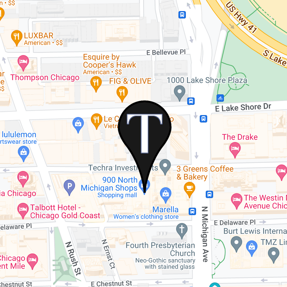 Map showing Tricoci salon and spa Chicago location with surrounding streets and landmarks for easy navigation