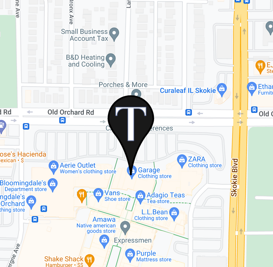 Map showing Tricoci salon and spa Old Orchard location with surrounding shopping center layout