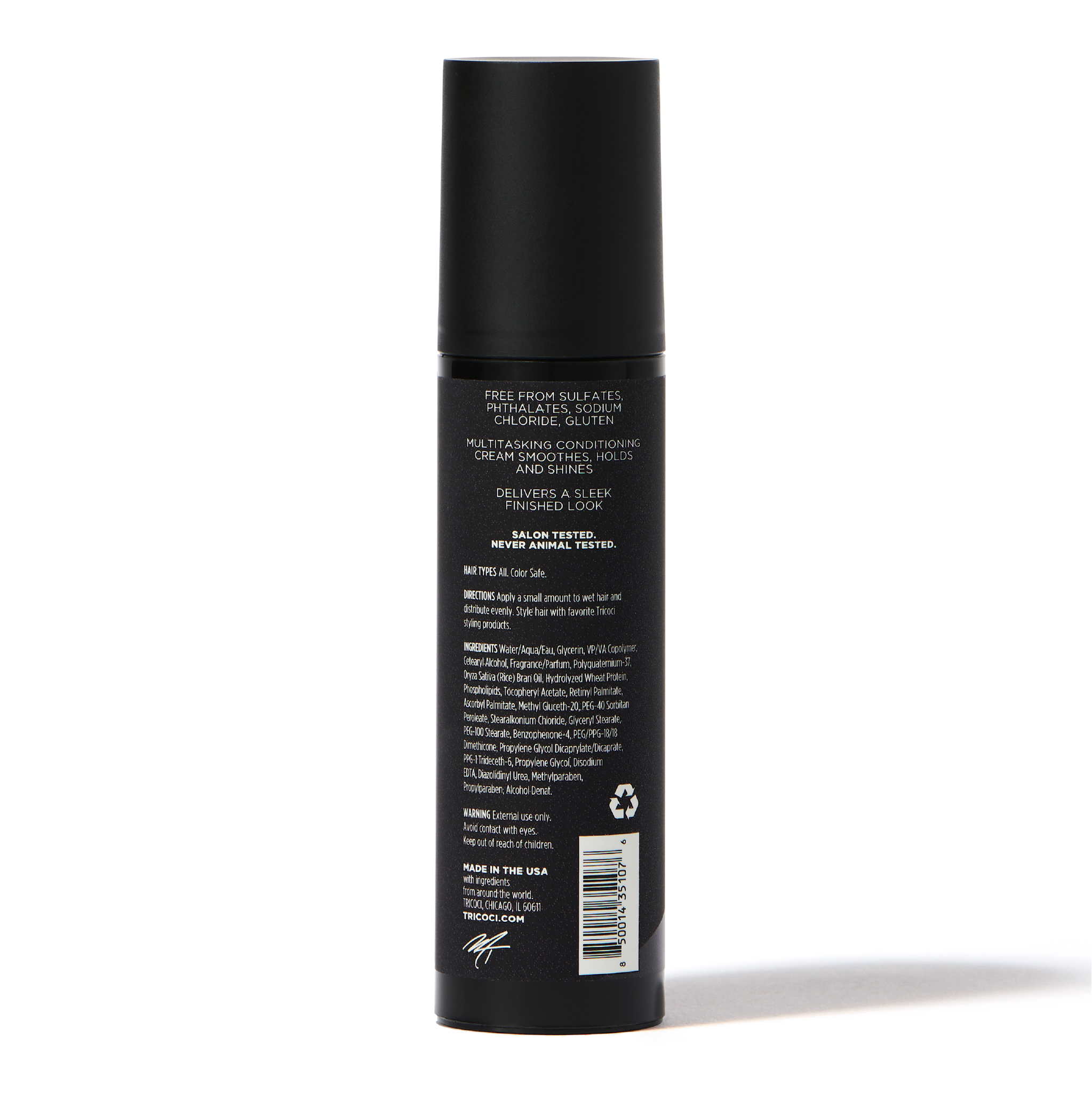 Back of bottle - Tricoci Collection 3P1 Styling Cream, Free From Sulfates, Phthalates, Sodium Chloride, Gluten